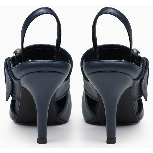 Women\'s Navy Slingback Pumps Pointed Toe High Heels Belt Buckle Strap Shoes